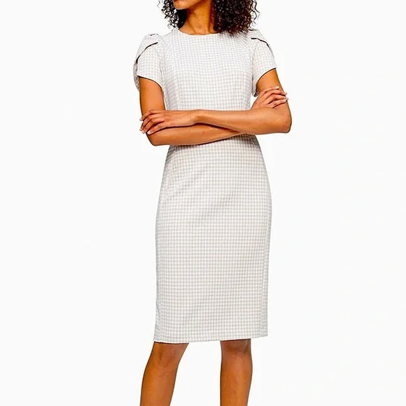 Calvin Klein Dresses & Skirts - Calvin Klein Beige & White Gingham Tulip Sleeve Sheath Dress Size 4